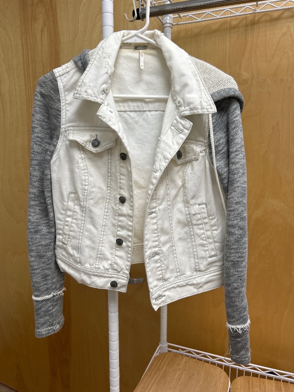 Free People ivory denim hoodie jacket with detachable gray knit hood and sleeves